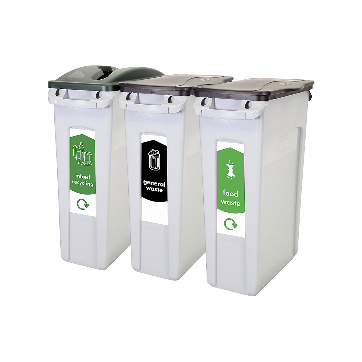 Rubbermaid Slim Jim Vented Recycling Bin Starter Packs, Rubbermaid Slim Jim Vented Recycling Bin Starter Packs, Rubbermaid Slim Jim Vented Recycling Bin Starter Packs | Black General Waste | Green Mixed Recycling | Brown Food Waste-0