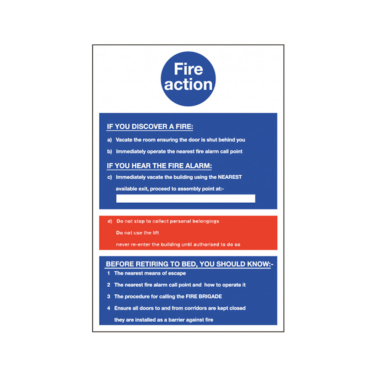 Fire Action Retiring To Bed Safety Signs