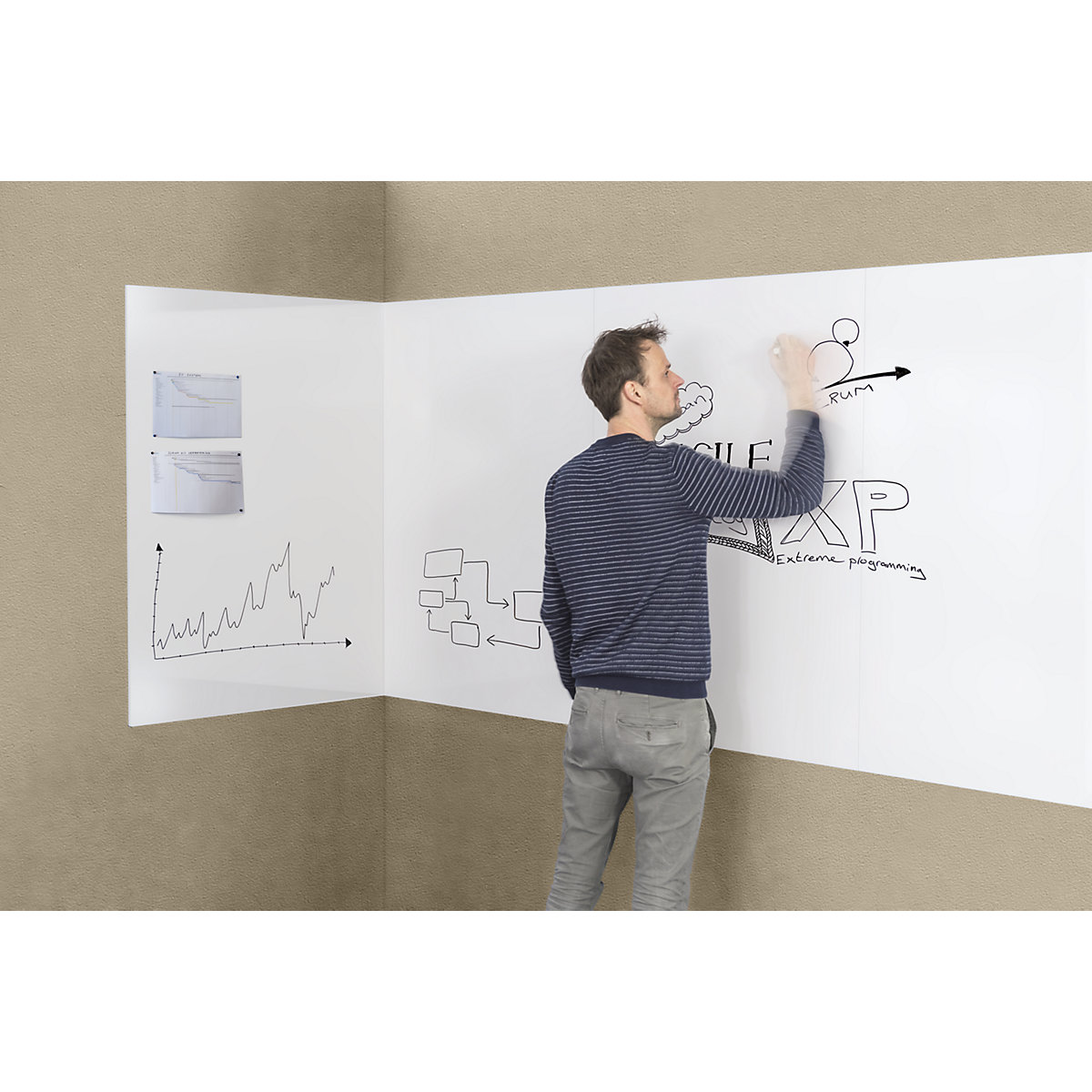 Extendable whiteboard, frameless - eurokraft pro