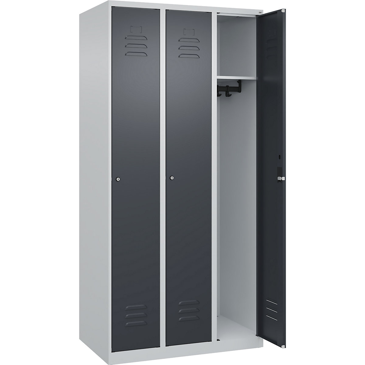 Skrinka Classic PLUS – C+P, 3 boxy, svetlošedá / šedá, š 900 mm, s klzákmi, cylindrický zámok-130