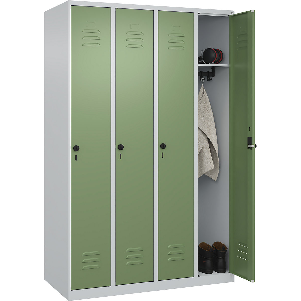 Skrinka Classic PLUS – C+P, 4 boxy, svetlošedá / rezedová zelená, š 1200 mm, s klzákmi, otočná závora-172