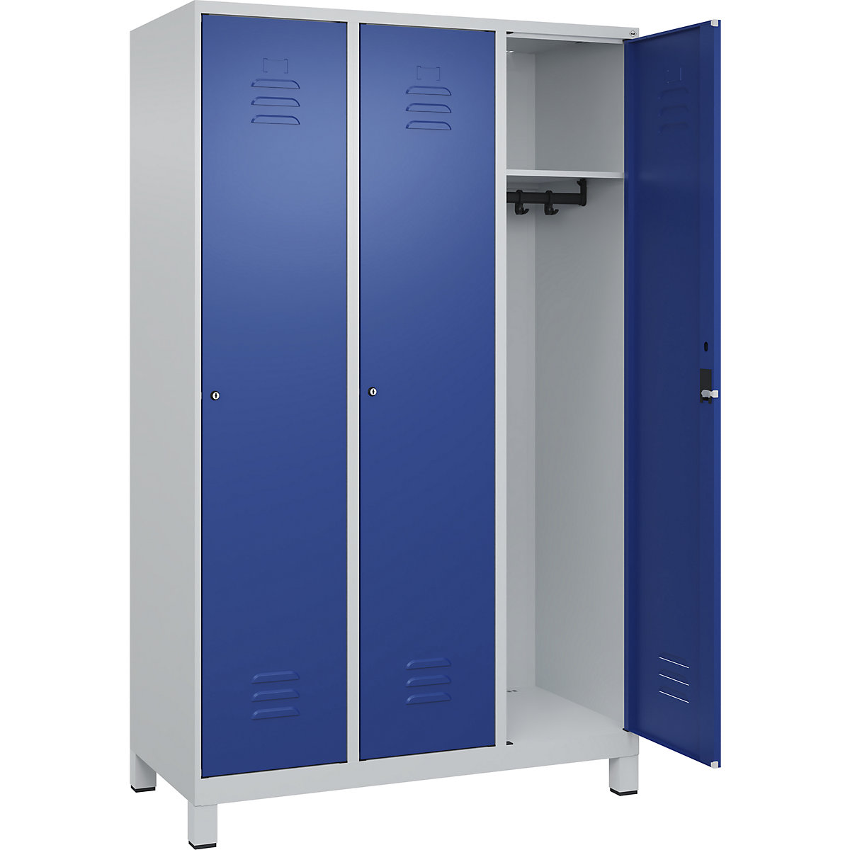 Skrinka Classic PLUS – C+P, 3 boxy, svetlošedá / enciánová modrá, š 1200 mm, s nohami, cylindrický zámok-67