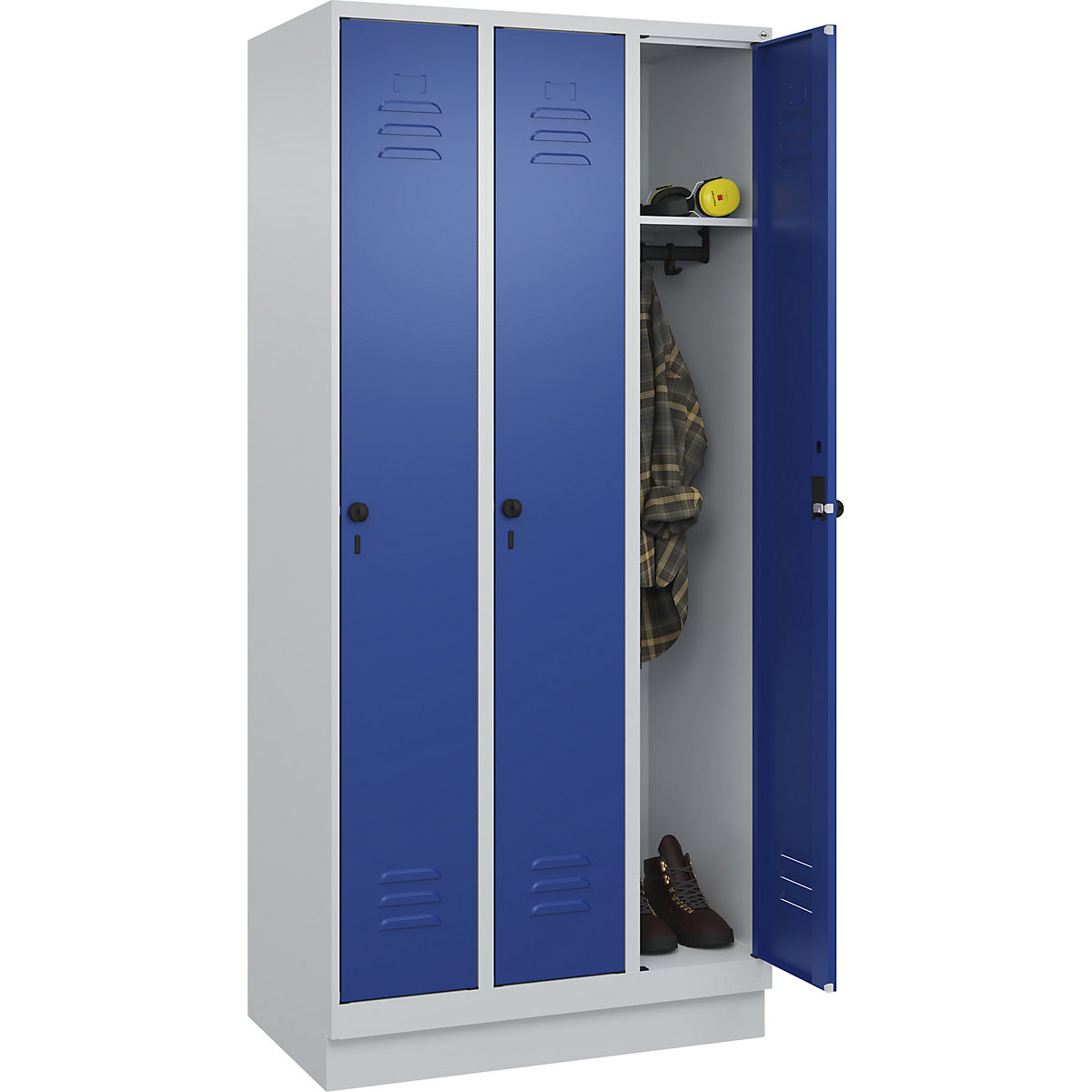 Skrinka Classic PLUS – C+P, 3 boxy, svetlošedá / enciánová modrá, š 900 mm, s podlahovým soklom, otočná závora-159