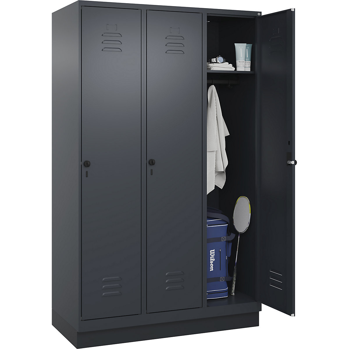 Skrinka Classic PLUS – C+P, 3 boxy, šedá, š 1200 mm, s podlahovým soklom, otočná závora-126