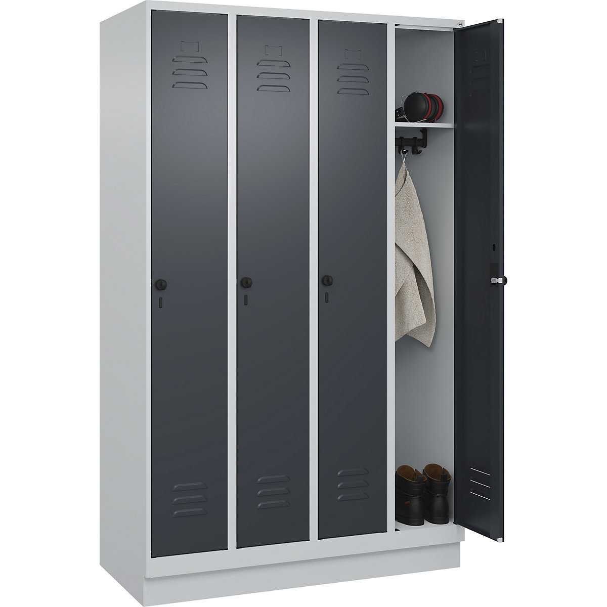 Skrinka Classic PLUS – C+P, 4 boxy, svetlošedá / šedá, š 1200 mm, s podlahovým soklom, otočná závora-18