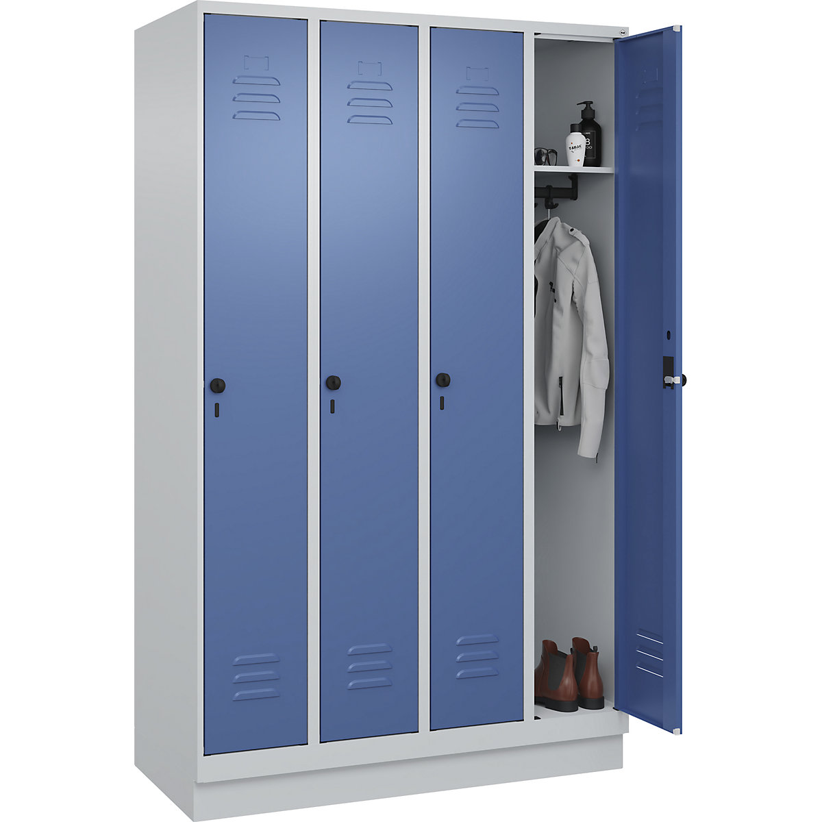 Skrinka Classic PLUS – C+P, 4 boxy, svetlošedá / šedomodrá, š 1200 mm, s podlahovým soklom, otočná závora-100