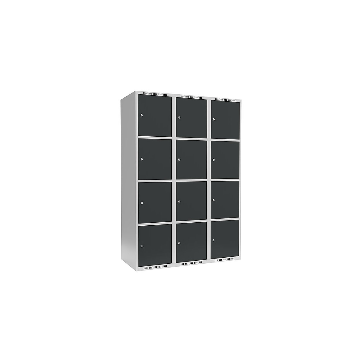 Skriňa so 4 uzamykateľnými priehradkami Fydor, 3 boxy, svetlošedá / šedá, š 1200 mm, 3 boxy, plochý tvar strechy, cylindrický zámok-4