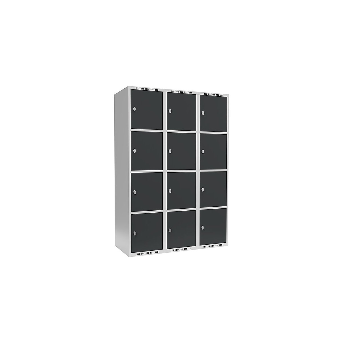 Skriňa so 4 uzamykateľnými priehradkami Fydor, 3 boxy, svetlošedá / šedá, š 1200 mm, 3 boxy, plochý tvar strechy, visiaci zámok-6