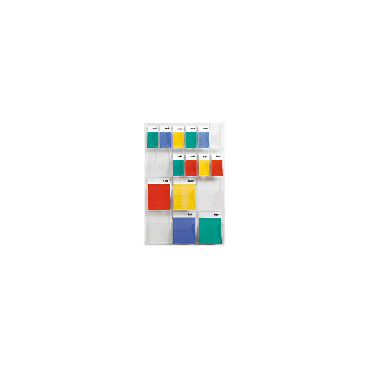 helit – Ekspozycja ścienna, liczba przegród x format 6 x DIN A4, 12 x 1/3 DIN A4, wys. x szer. x gł. 1143 x 762 x 51 mm