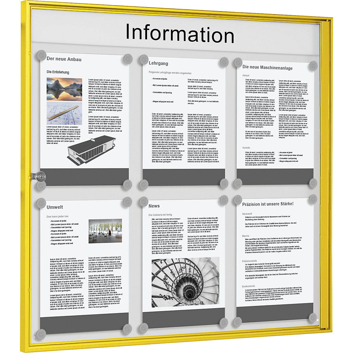 Avizier pentru interior, pentru format 3 x 2 DIN A4, ramă galbenă-0