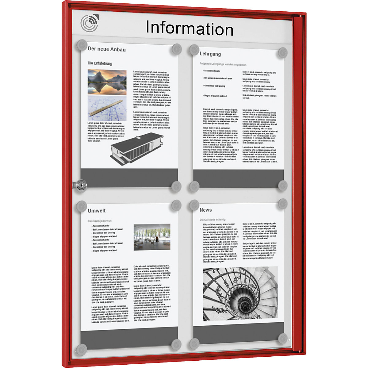 Avizier pentru interior, pentru format 2 x 2 DIN A4, ramă roșie-0