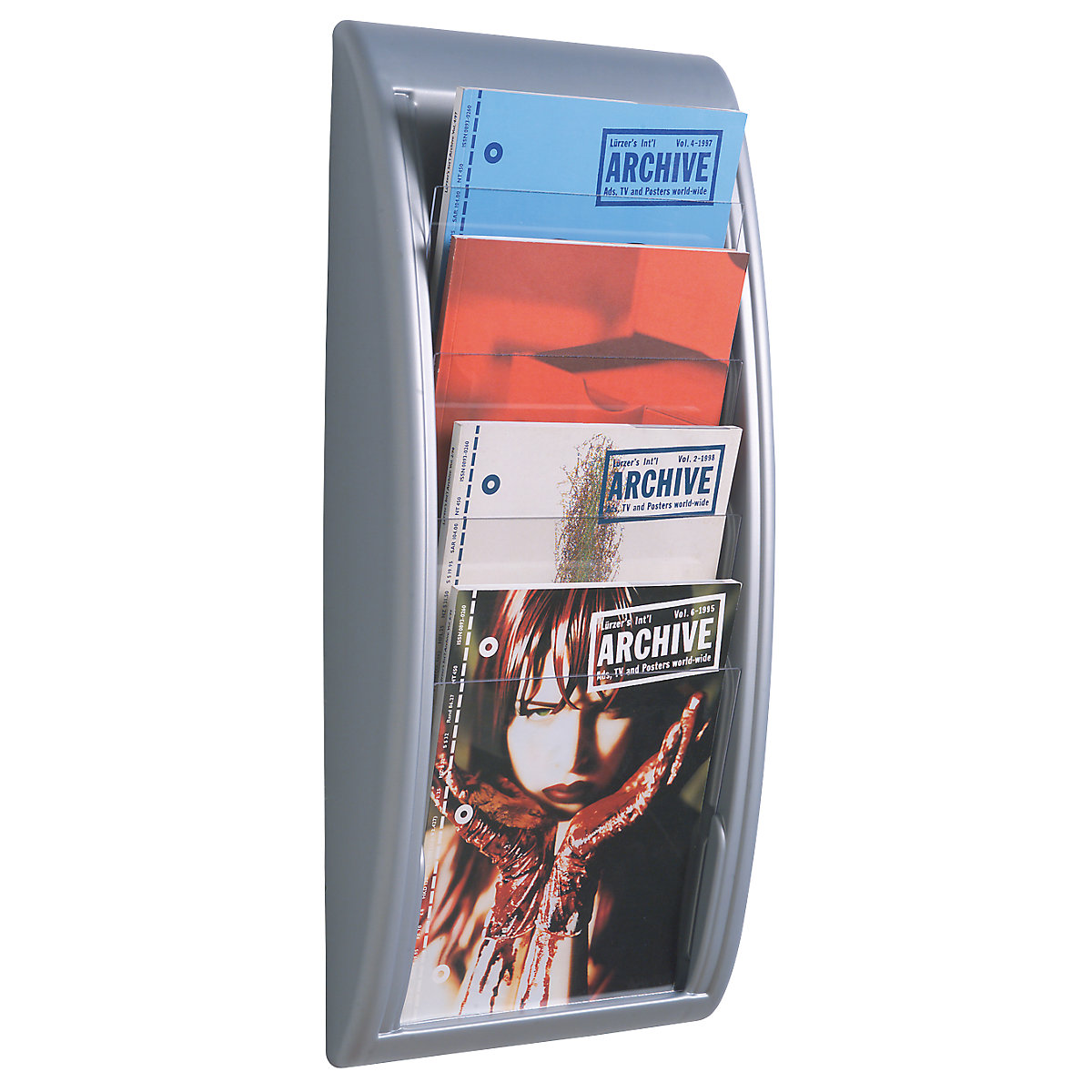 Suport de perete pentru broșuri – Paperflow, 4 compartimente pentru format DIN A4, argintiu aluminiu, amb. 2 buc.-0