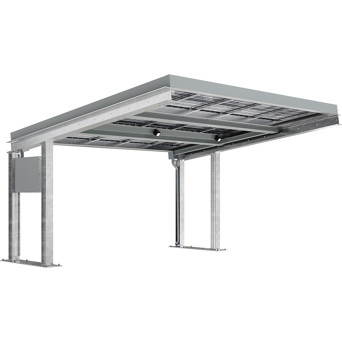 Nadstrešek za vozila SolarCover s fotovoltaičnimi moduli in razdelilno omarico – WSM