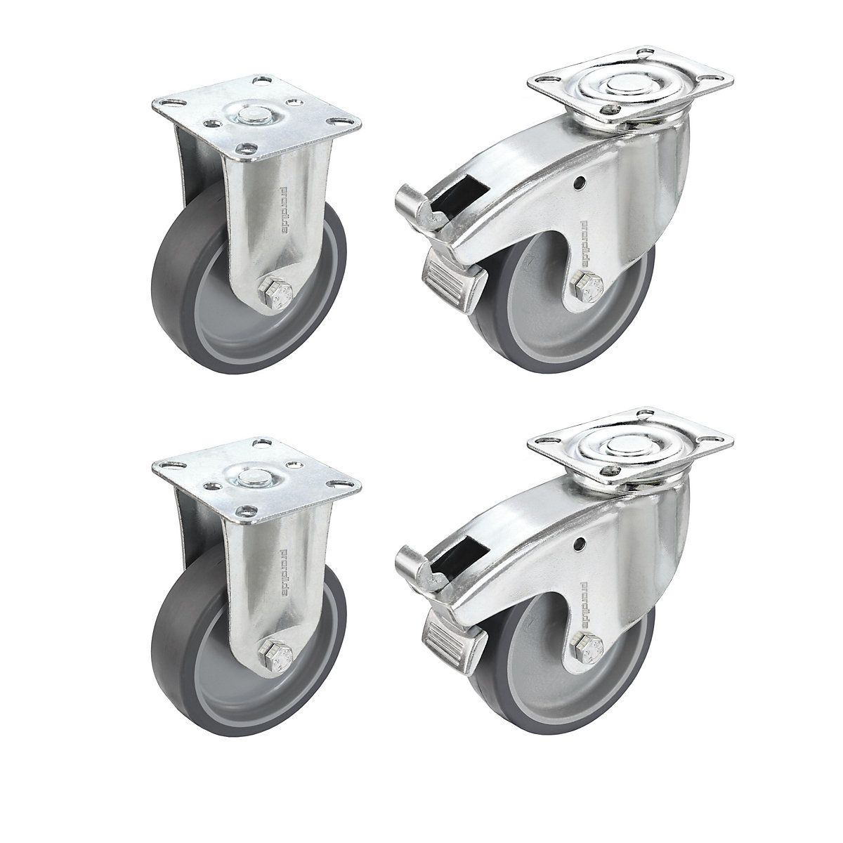 Proroll Set aus thermoplastischen Gummireifen, mit Montageplatte, 2 Lenkrollen mit Doppelstopp und 2 Bockrollen, Rad-Ø x Breite 100 x 32 mm