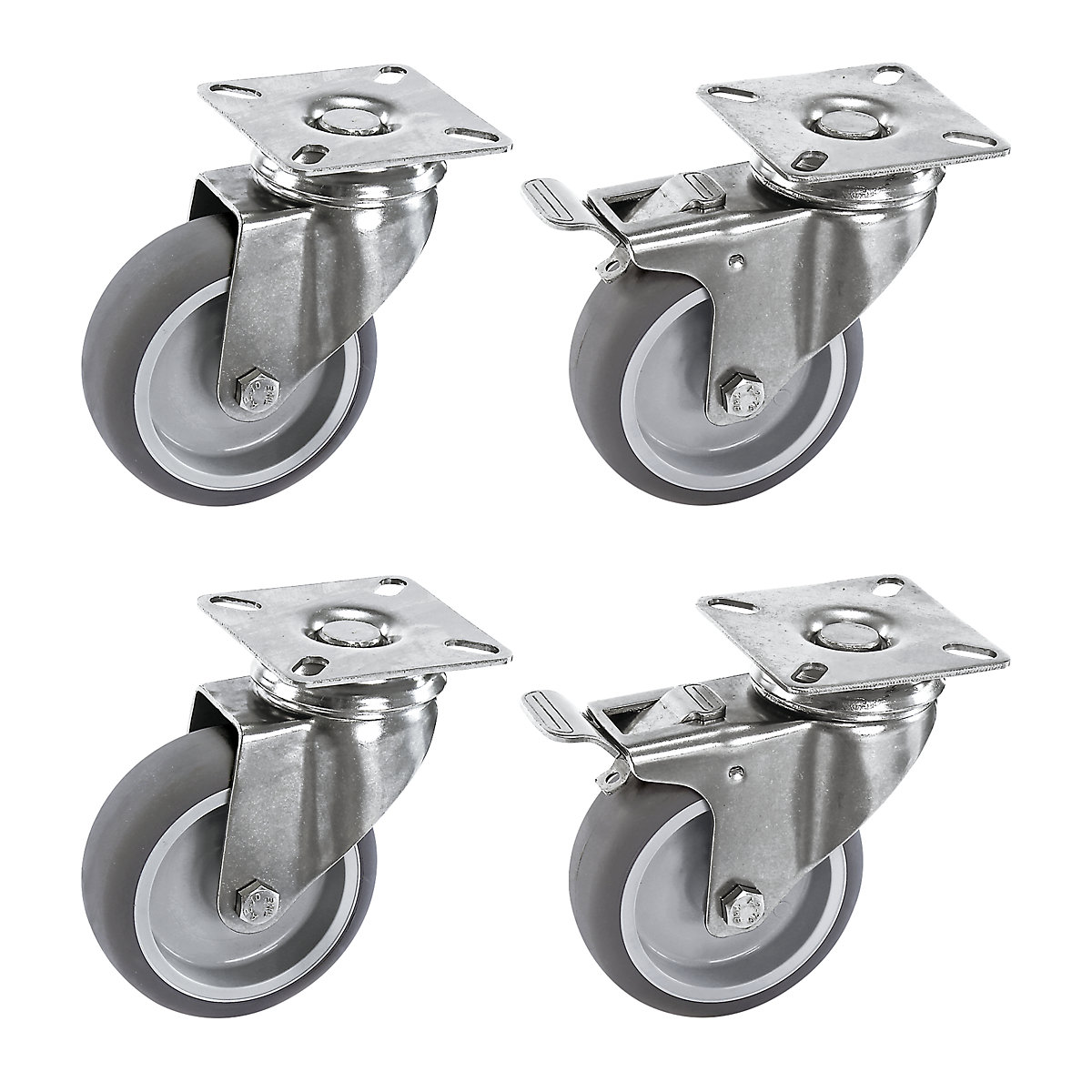 Proroll Set aus thermoplastischen Gummireifen, Gehäuse Edelstahl, Montageplatte, 4 Lenkrollen, davon 2 mit Doppelstopp, Rad-Ø x Breite 50 x 19 mm