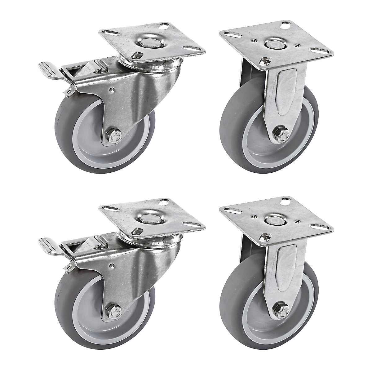 Proroll Set aus thermoplastischen Gummireifen, Gehäuse Edelstahl, Montageplatte, 2 Lenkrollen mit Stopp, 2 Bockrollen, Rad-Ø x Breite 50 x 19 mm