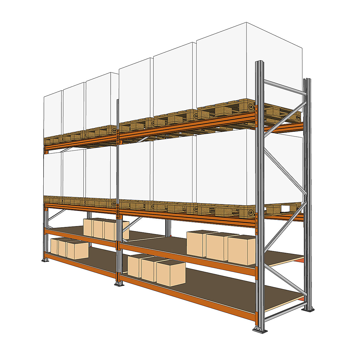 BiGDUG Pallet Racking Kits With Picking Levels, BiGDUG Pallet Racking Kits With Picking Levels, BiGDUG Pallet Racking Hybrid Kit, with 2x 18mm Chipboard Hand-Picking Levels, 3000h x 5702w x 1100d mm (Holds 12 Pallets 1000h x 800w x 1200d mm)-0
