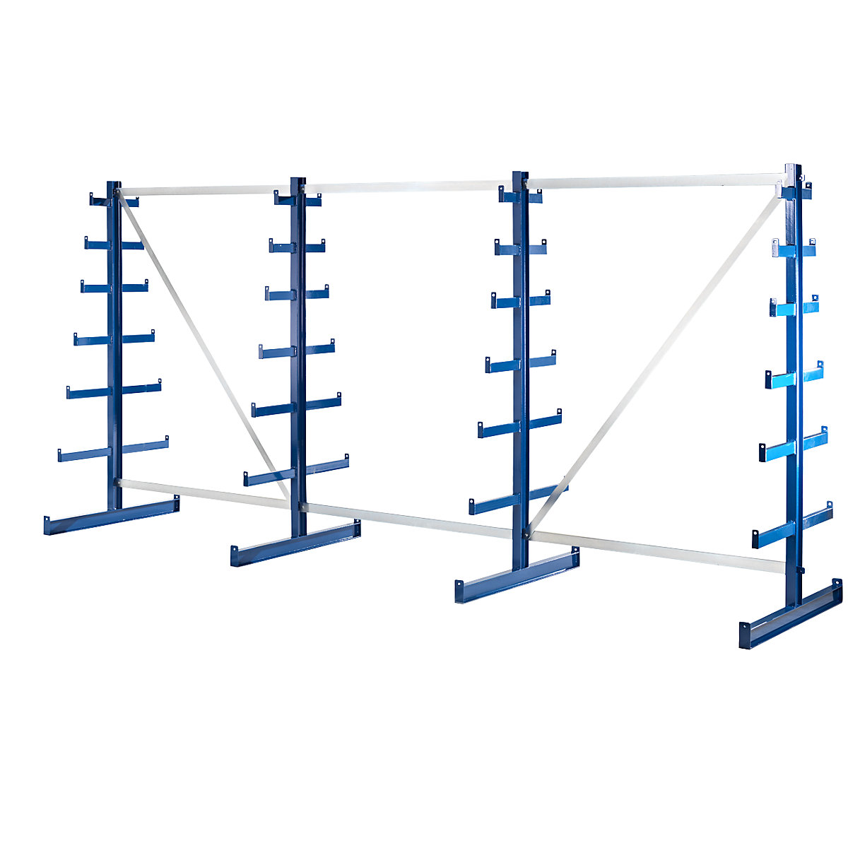 Rayonnage pour charges longues à bras supports de longueur dégressive – eurokraft pro, longueur rayonnage 4050 mm, double face, bleu gentiane-0