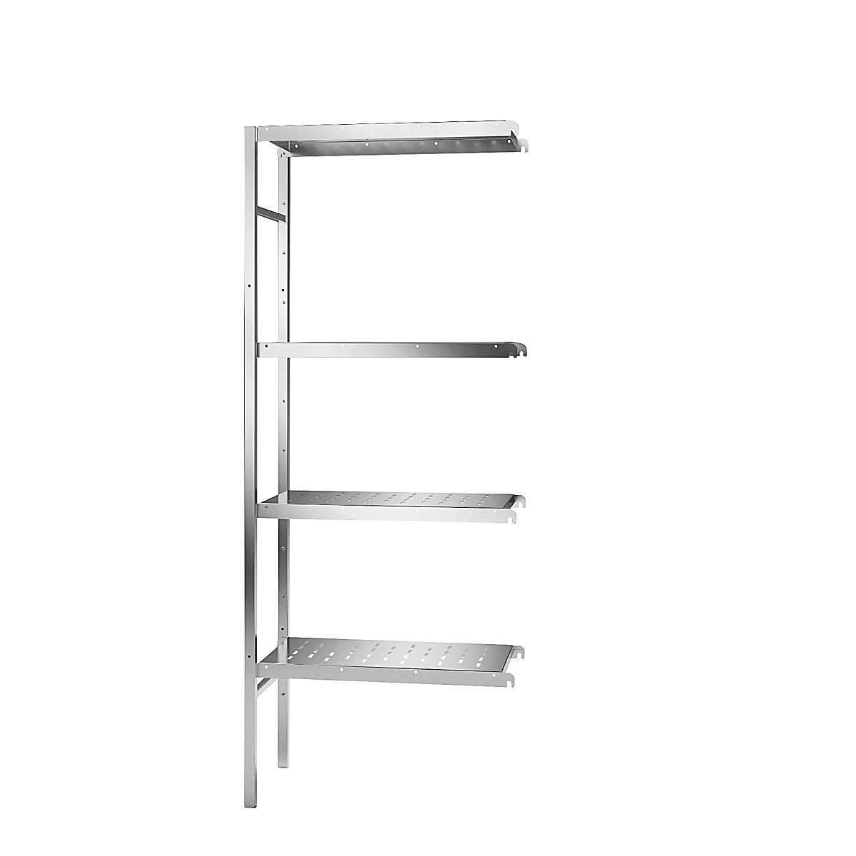 Zásuvný regál z ušlechtilé oceli, 4 děrované police, šířka x hloubka police 640 x 440 mm, přístavný regál-0