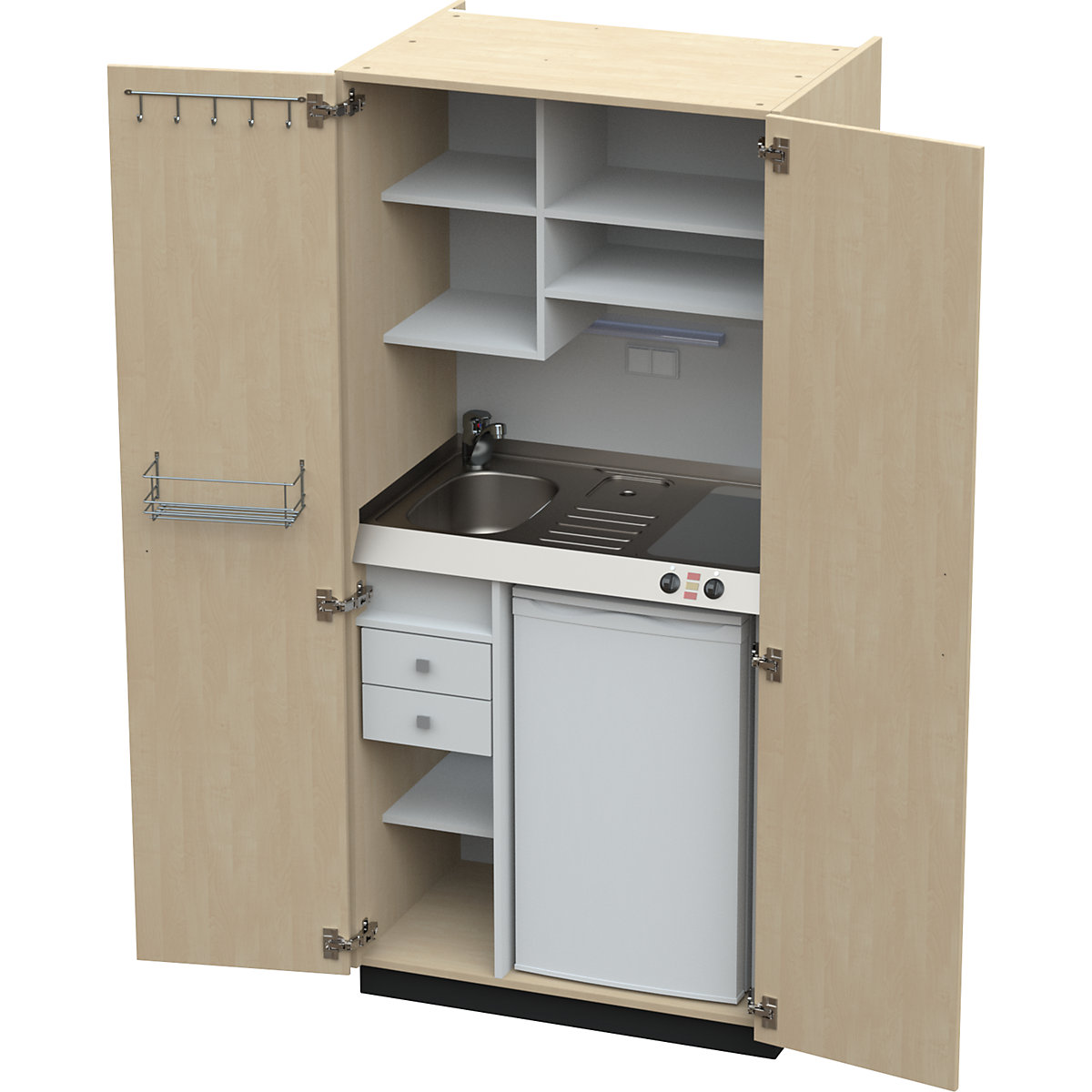 Cozinha-armário com portas de batentes, 2 placas em vidrocerâmica, bacia à esquerda, bétula, 1956 x 900 x 650 mm-0