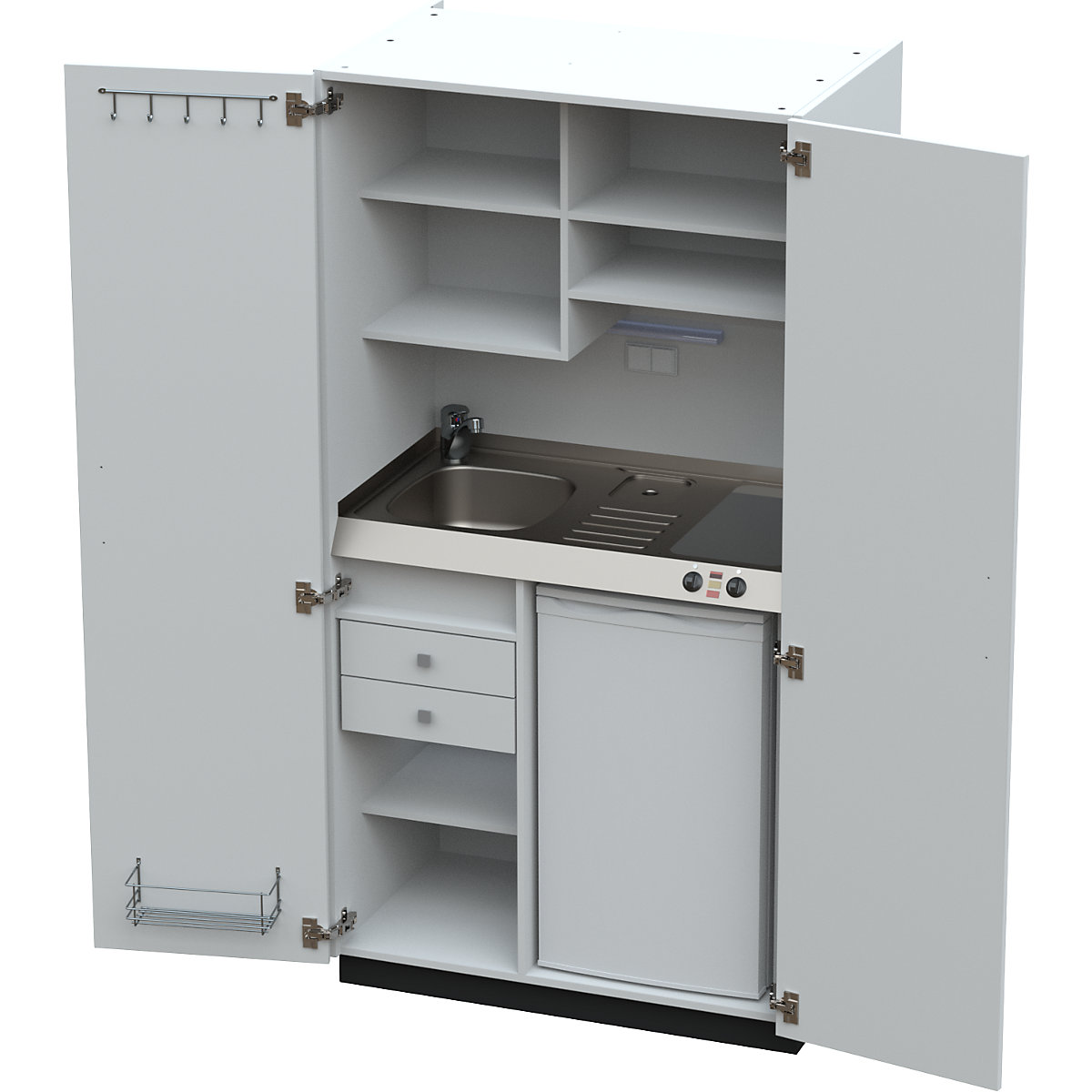 Cozinha-armário com portas de batentes, 2 placas em vidrocerâmica, bacia à esquerda, branco, 1956 x 1000 x 650 mm-0