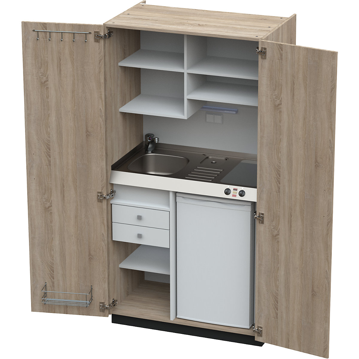 Cozinha-armário com portas de batentes, 2 placas em vidrocerâmica, bacia à esquerda, carvalho, 1956 x 1000 x 650 mm-0