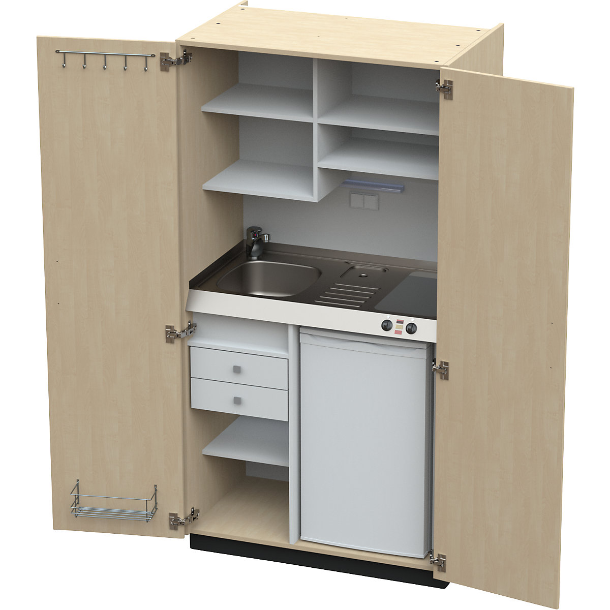 Cozinha-armário com portas de batentes, 2 placas em vidrocerâmica, bacia à esquerda, bétula, 1956 x 1000 x 650 mm-0