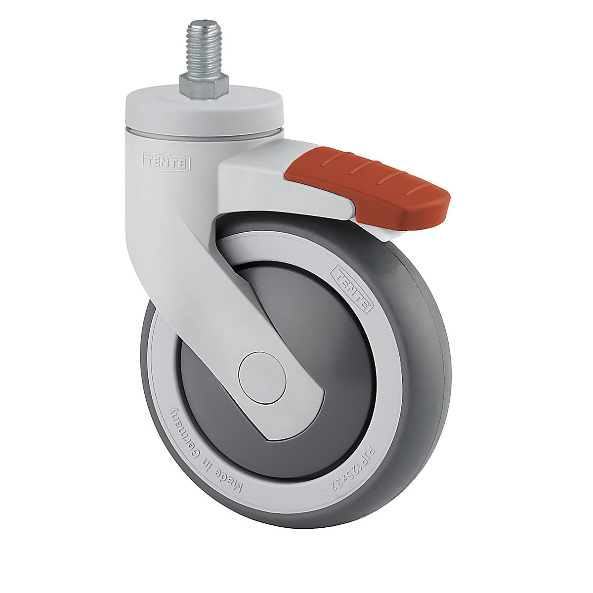 TENTE – Rolă din plastic, cu știft filetat, Ø roții x lățime 75 x 25 mm, roată pivotantă cu frână dublă