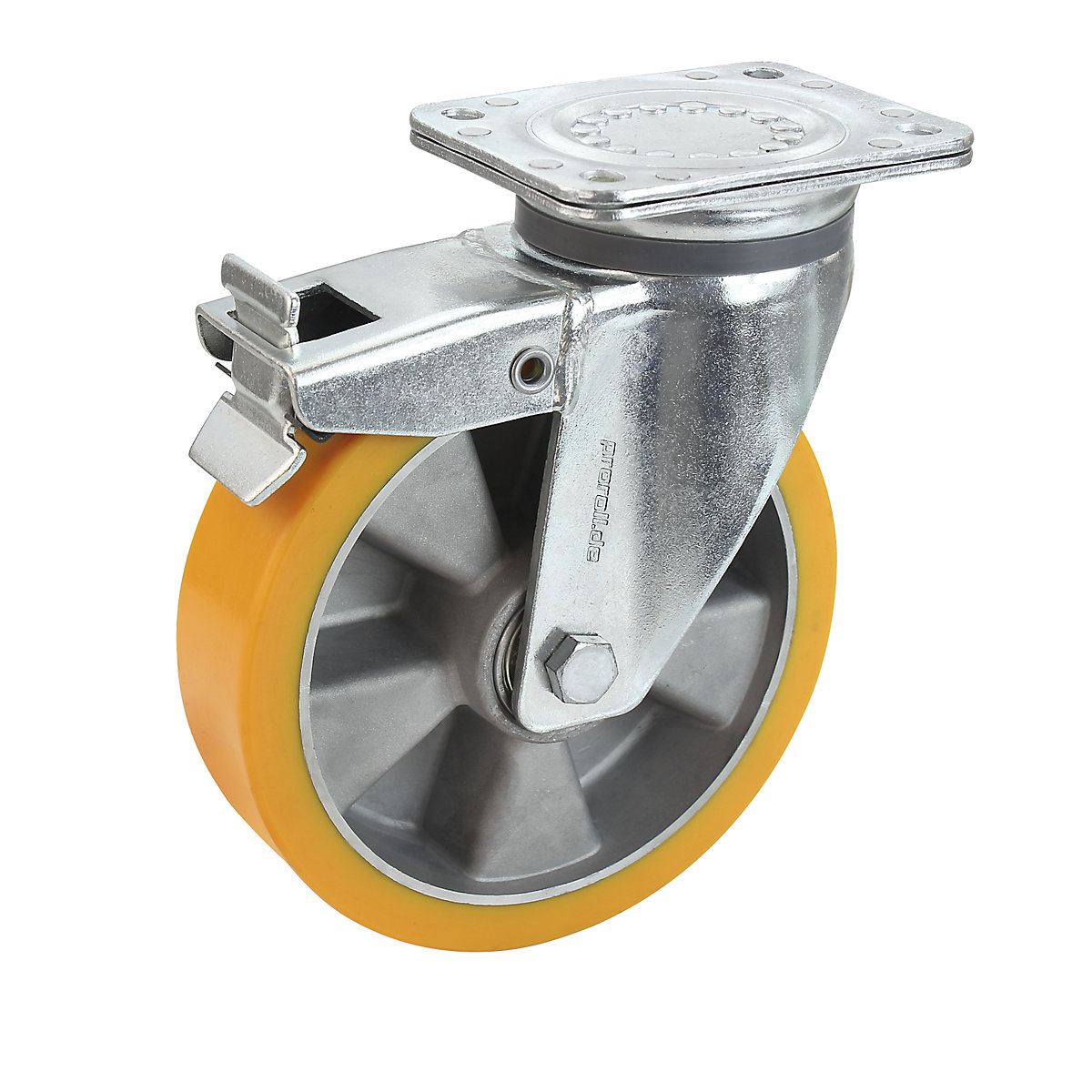 Anvelopă PU pe jantă de aluminiu – Proroll, Ø roții x lățime 125 x 40 mm, roată pivotantă cu frână dublă-0