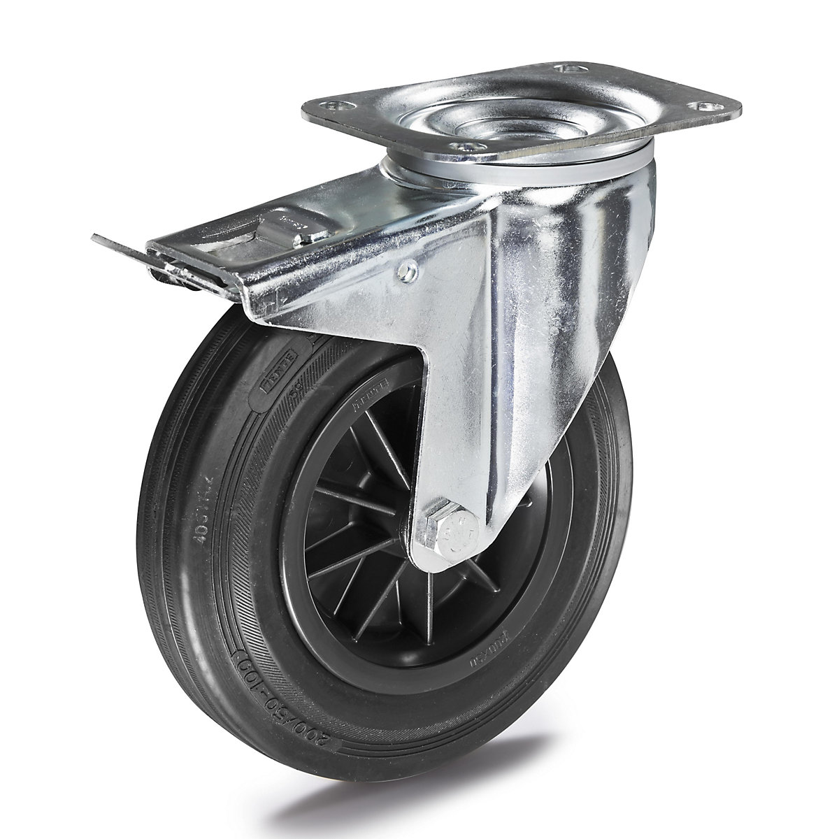 Anvelopă din cauciuc plin pe jante din plastic – Proroll, Ø roții x lățime 100 x 30 mm, roată pivotantă cu frână dublă-0