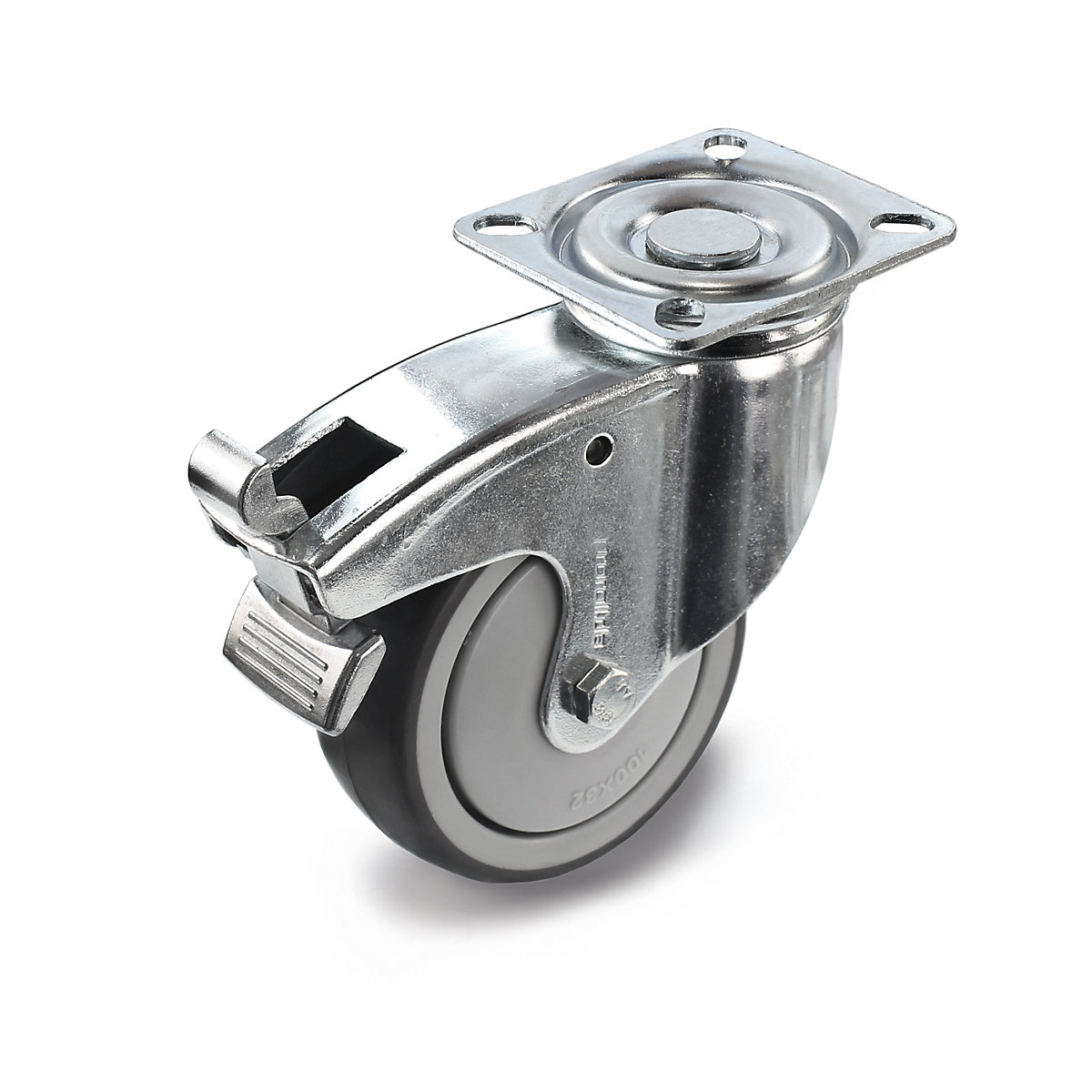 Anvelopă termoplastică din cauciuc, cu placă de montaj – Proroll, Ø roții x lățime 125 x 32 mm, roată pivotantă cu frână dublă-0
