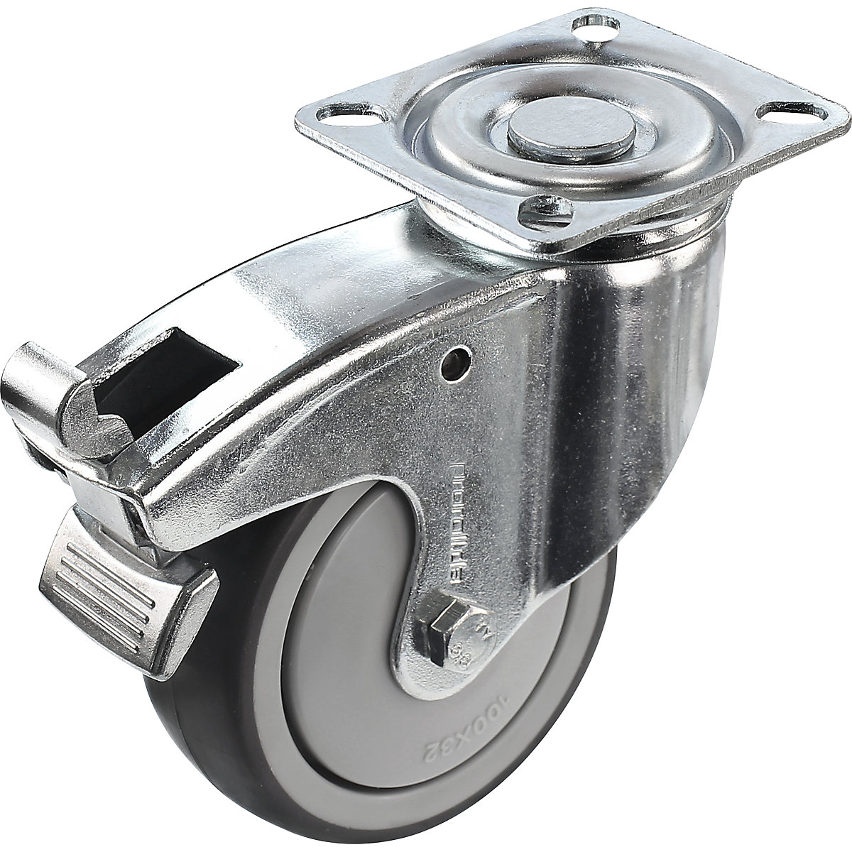 Pneu de borracha, termoplástico, com placa de montagem – Proroll, Ø x largura da roda 100 x 32 mm, roda orientável com bloqueio duplo-0