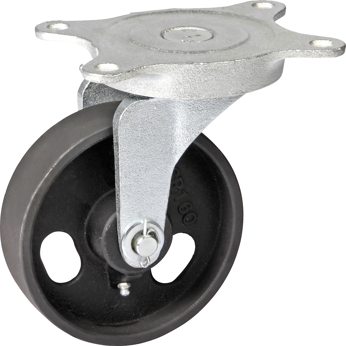 Roue en fonte grise, chape en fonte malléable, Ø x largeur roues 160 x 48 mm, roulette pivotante avec moyeu lisse-0
