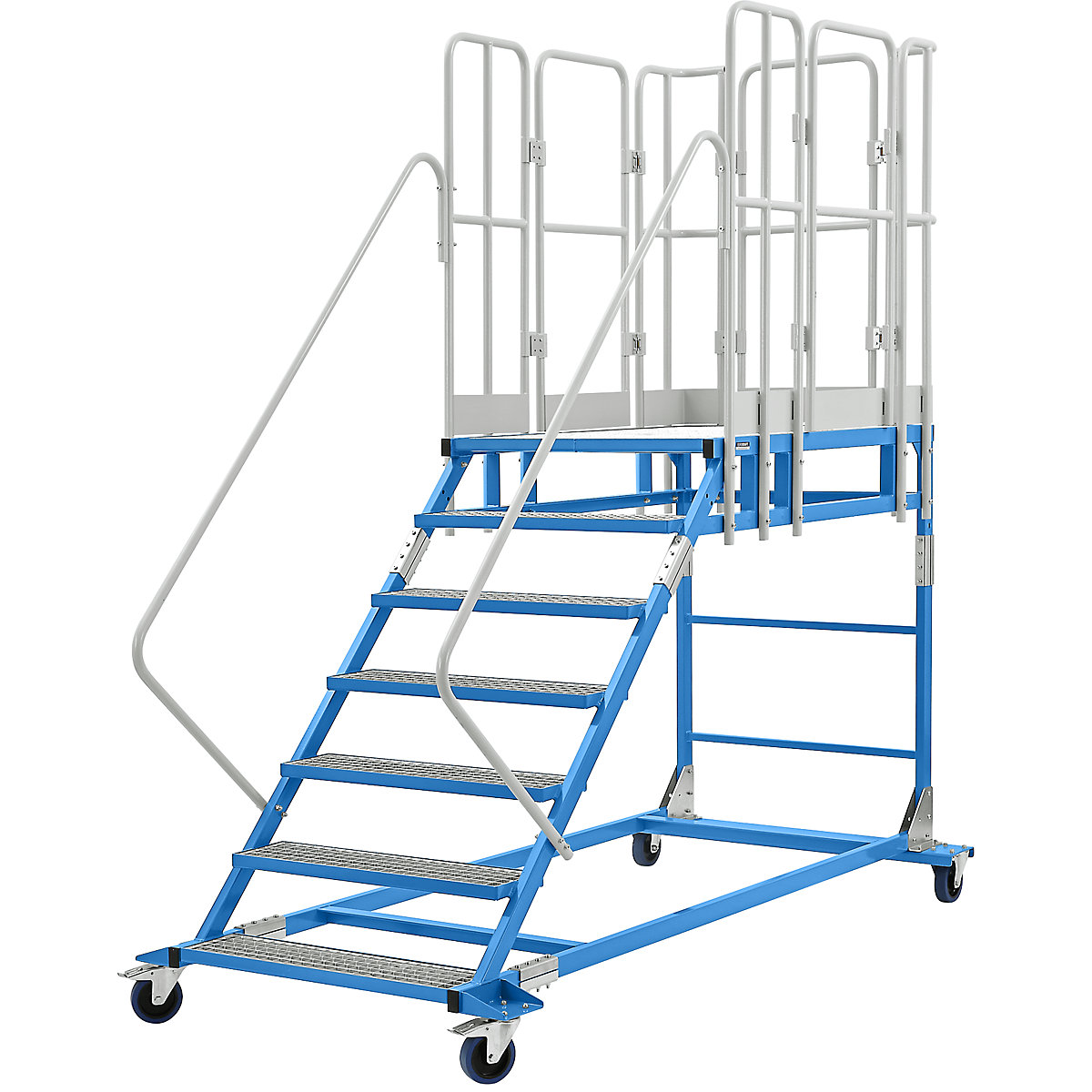 Scară cu platformă XXL – eurokraft pro, cu inserții din grătar tip grilaj, dimensiune platformă 810 x 1250 mm, 7 trepte-0