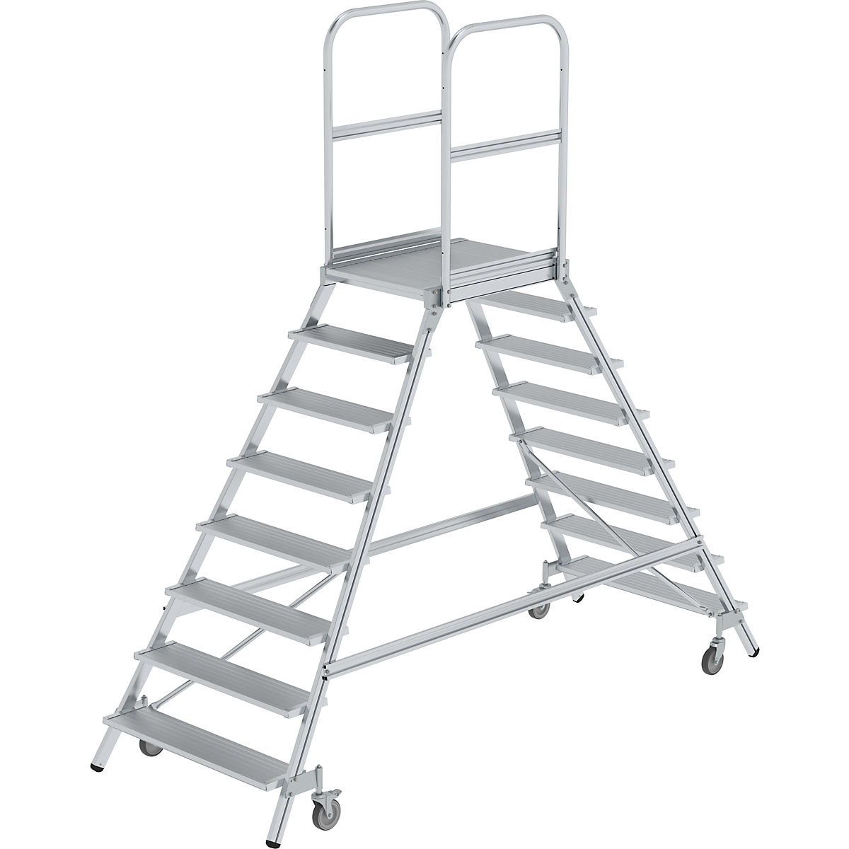 Scară cu podest, cu urcare pe două părți – MUNK, platformă și trepte din metal ușor, 2 x 8 trepte incl. platformă-0