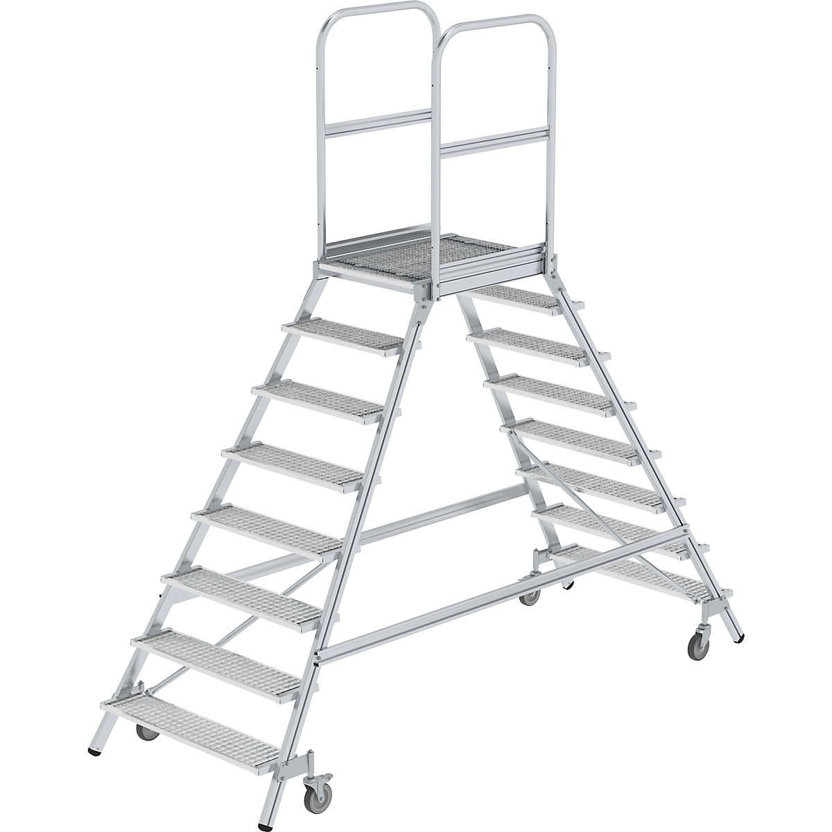 Scară cu podest, cu urcare pe două părți – MUNK, platformă și trepte din grătar tip grilaj, 2 x 8 trepte incl. platformă-0