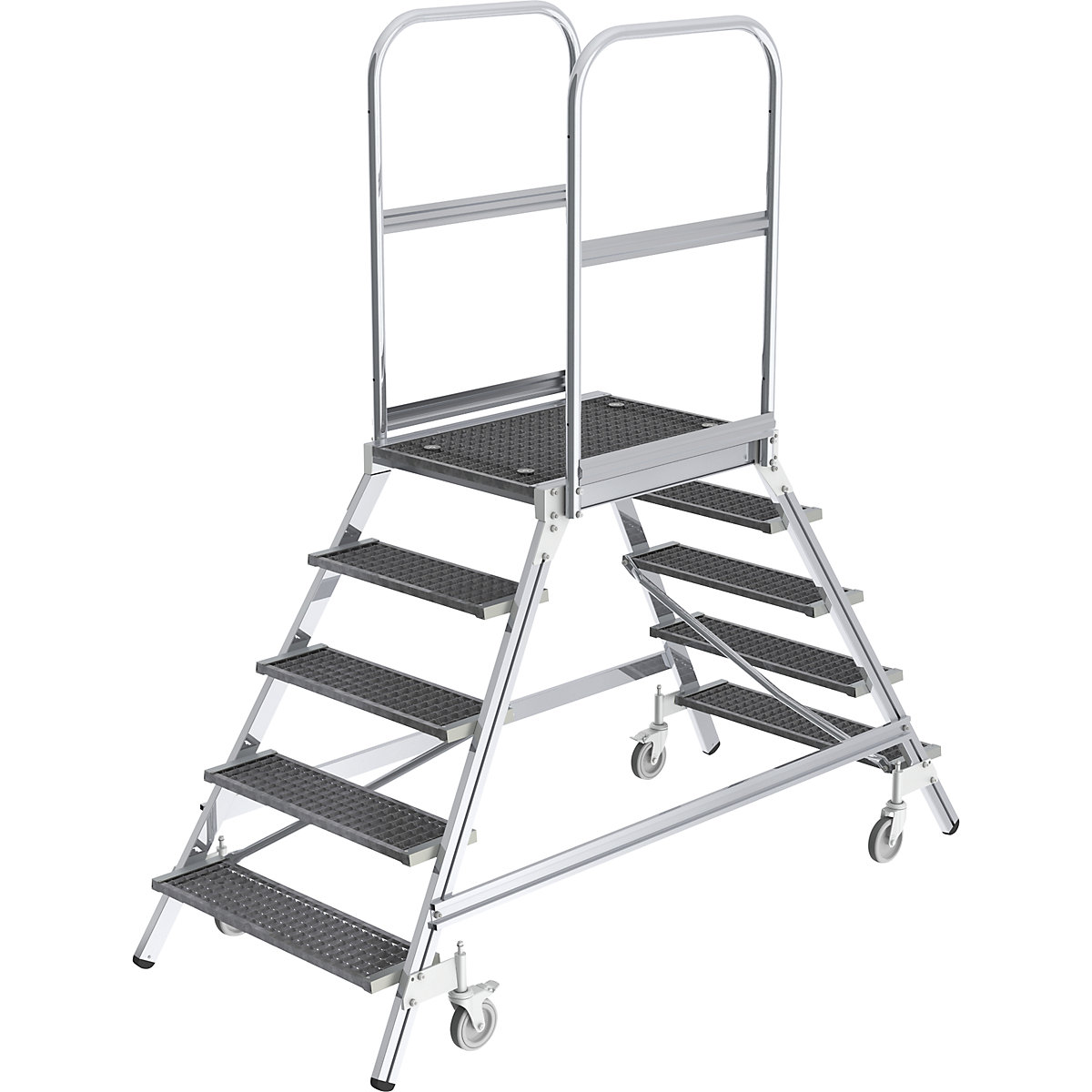 Scară cu podest, cu urcare pe două părți – MUNK, platformă și trepte din grătar tip grilaj, 2 x 5 trepte incl. platformă-0