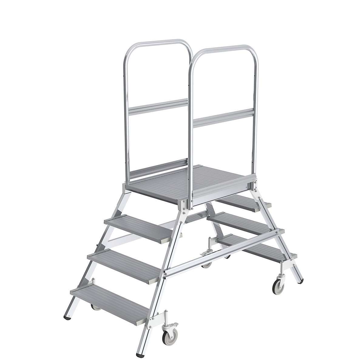 Scară cu podest, cu urcare pe două părți – MUNK, platformă și trepte din metal ușor, 2 x 4 trepte incl. platformă-0