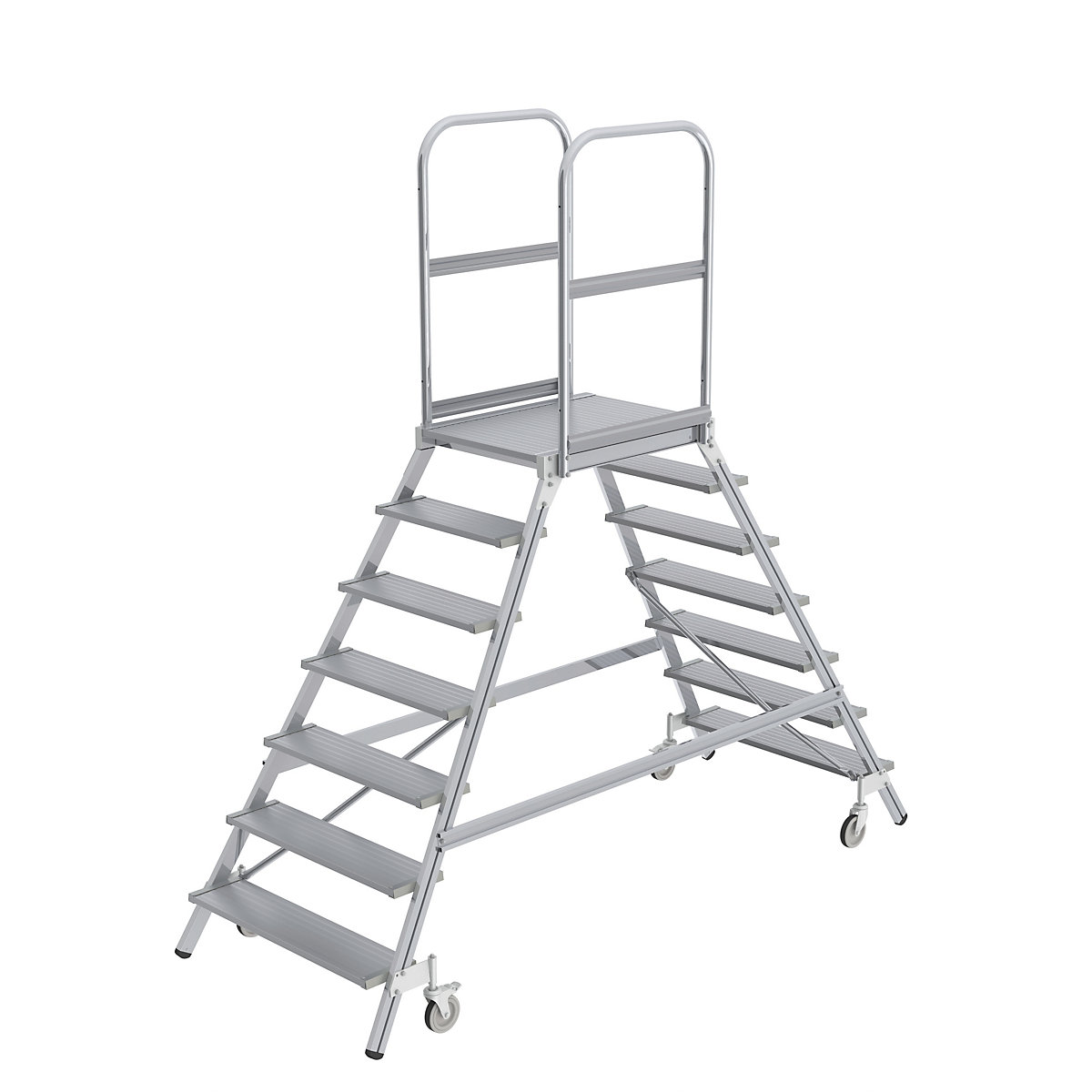 Scară cu podest, cu urcare pe două părți – MUNK, platformă și trepte din metal ușor, 2 x 7 trepte incl. platformă-0