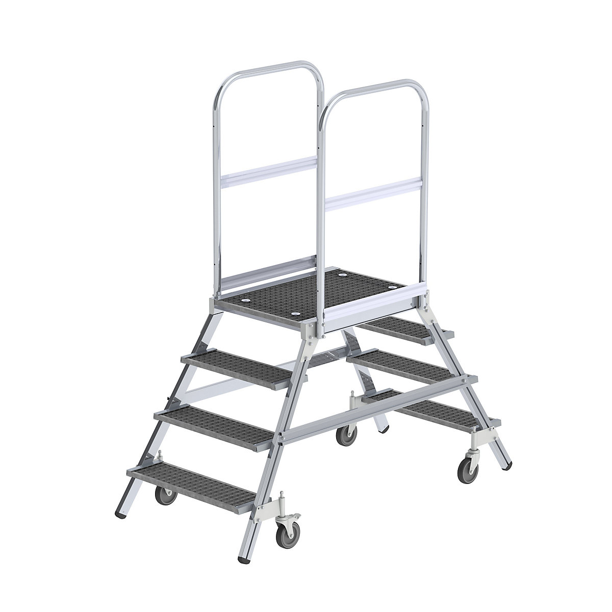 Scară cu podest, cu urcare pe două părți – MUNK, platformă și trepte din grătar tip grilaj, 2 x 4 trepte incl. platformă-0