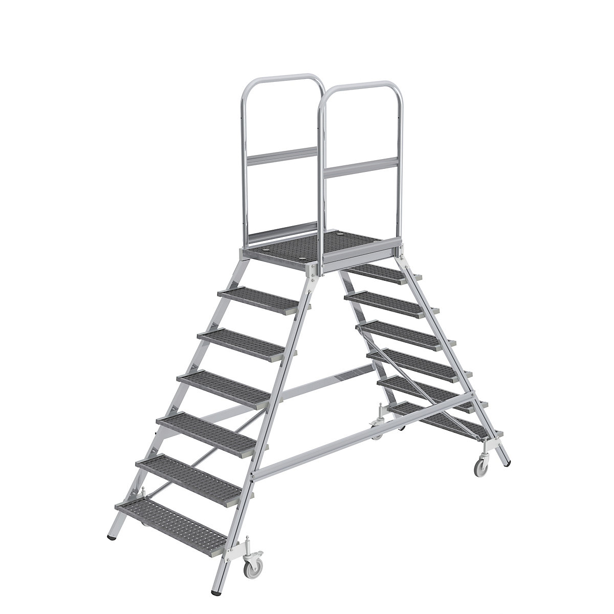 Scară cu podest, cu urcare pe două părți – MUNK, platformă și trepte din grătar tip grilaj, 2 x 7 trepte incl. platformă-0