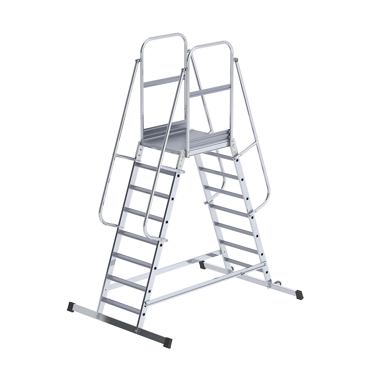 Scară cu podest din aluminiu – eurokraft pro, cu urcare pe două părți, mobilă, 2 x 8 trepte-0