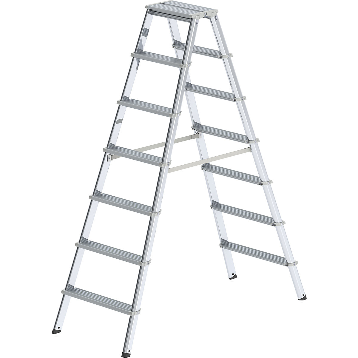 Scară dublă cu trepte, din aluminiu, cu acces pe ambele părți – MUNK, cu bară cu formă ergonomică, 2 x 7 trepte, înălțime de lucru 3250 mm-0