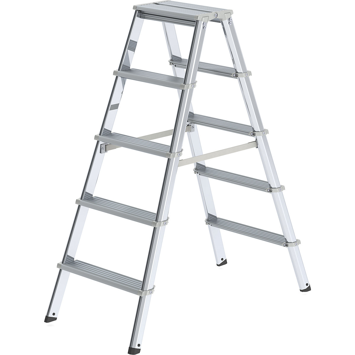 Scară dublă cu trepte, din aluminiu, cu acces pe ambele părți – MUNK, cu bară cu formă ergonomică, 2 x 5 trepte, înălțime de lucru 2750 mm-0