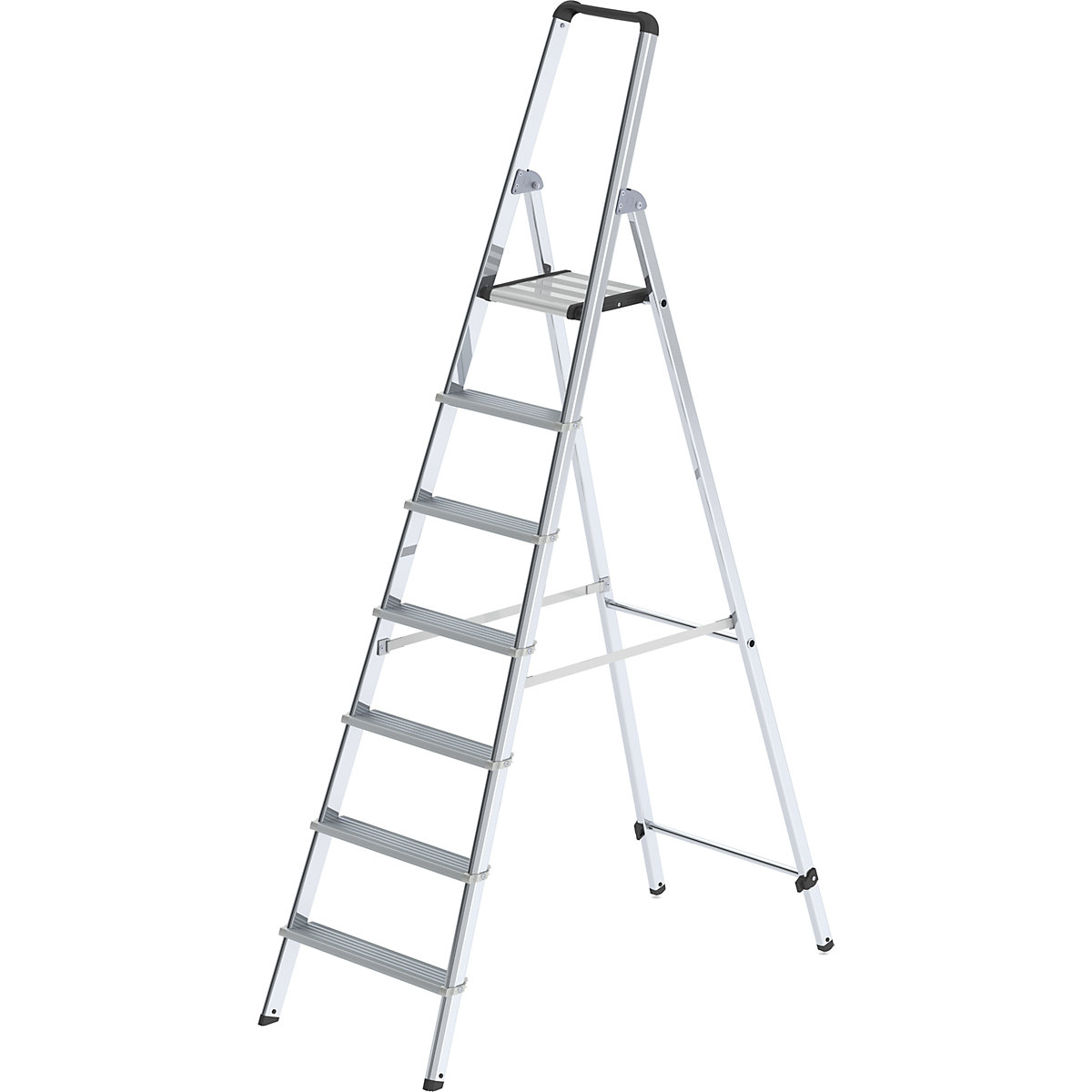 Scară dublă cu trepte, din aluminiu, cu acces pe o singură parte – MUNK, cu bară cu formă ergonomică și tavă de depozitare, 7 trepte-0