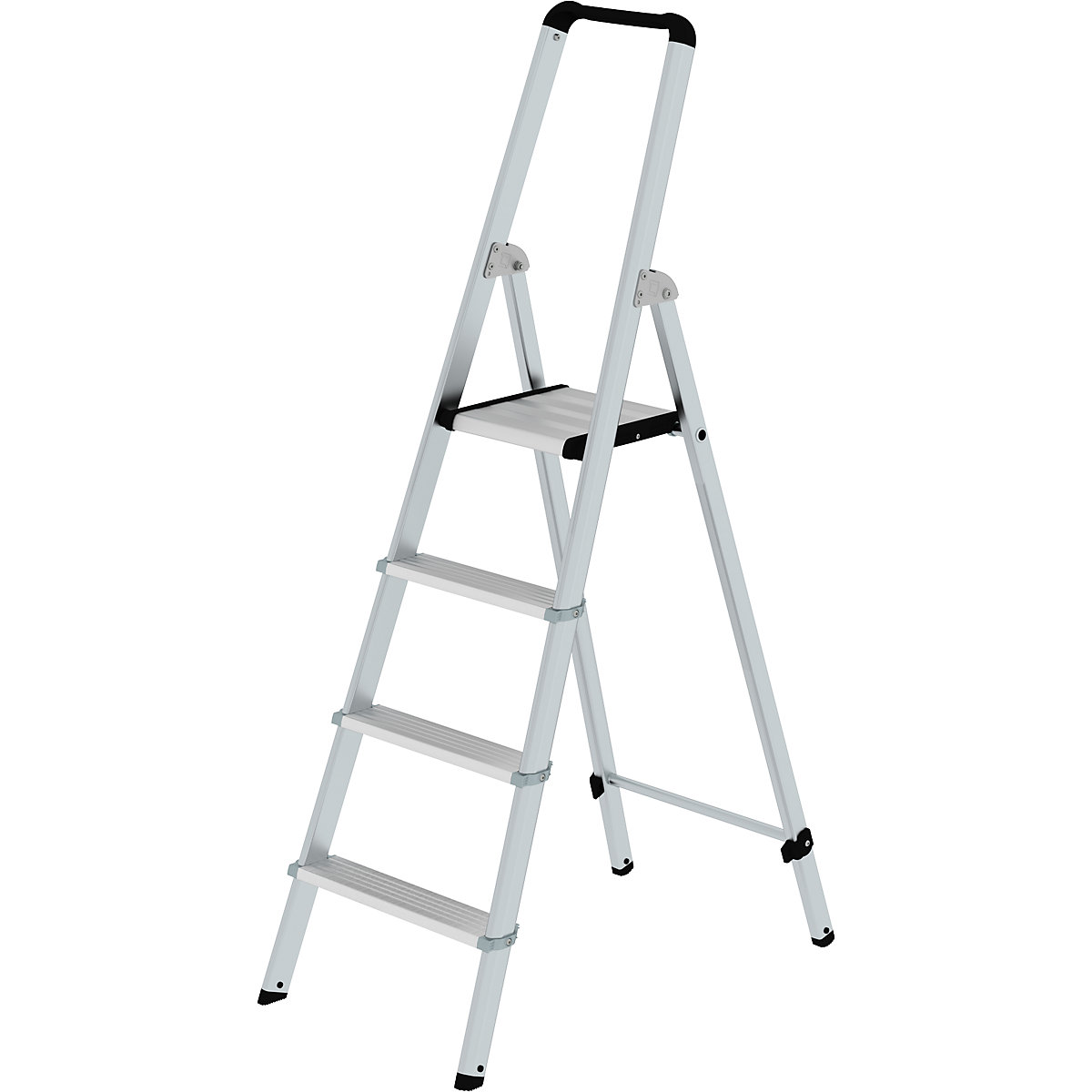 Scară dublă cu trepte, din aluminiu, cu acces pe o singură parte – MUNK, eloxată, cu bară cu formă ergonomică și tavă de depozitare, 4 trepte