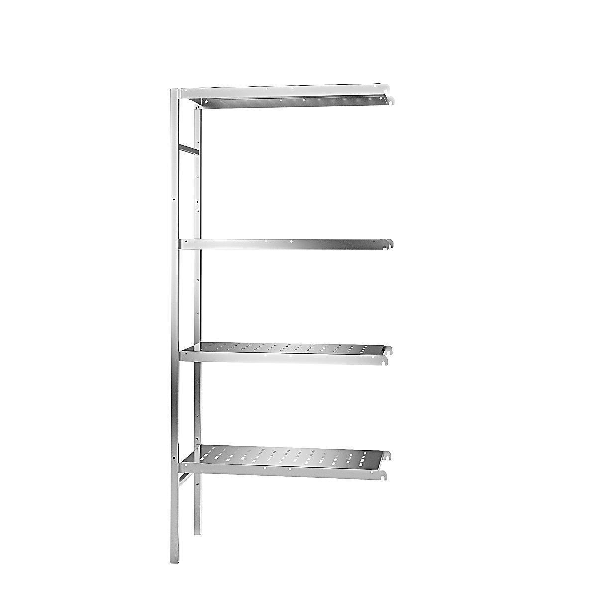 Scaffale a innesto in acciaio inox, 4 ripiani forati, larghezza x profondità ripiano 740 x 440 mm, scaffale aggiuntivo-0