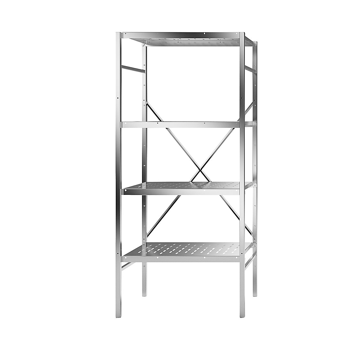 Scaffale a innesto in acciaio inox, 4 ripiani forati, larghezza x profondità ripiano 740 x 540 mm, scaffale portante-0