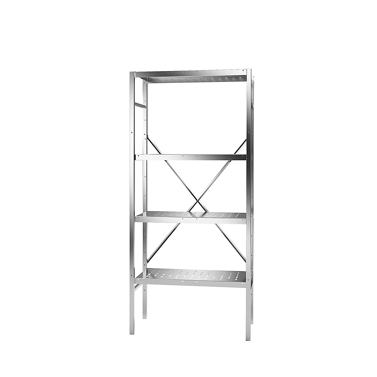 Scaffale a innesto in acciaio inox, 4 ripiani forati, larghezza x profondità ripiano 740 x 440 mm, scaffale portante-0