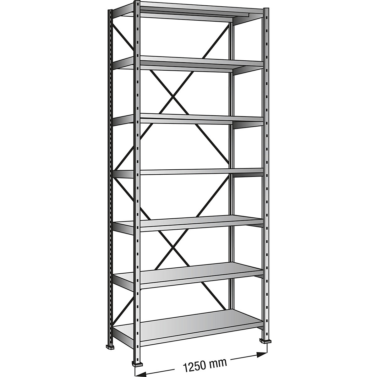 Scaffale a innesto, zincato, 7 ripiani, altezza 3000 mm, larghezza scaffale 1200 mm, profondità 500 mm, scaffale portante-0